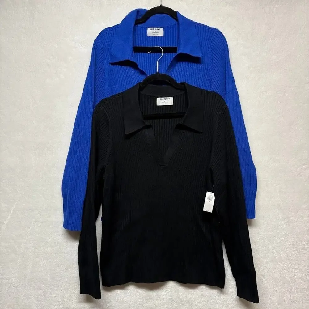 Old Navy Ribbed Collared V Neck Long Sleeve Sweater (2) Blue Black Plus Size 3X